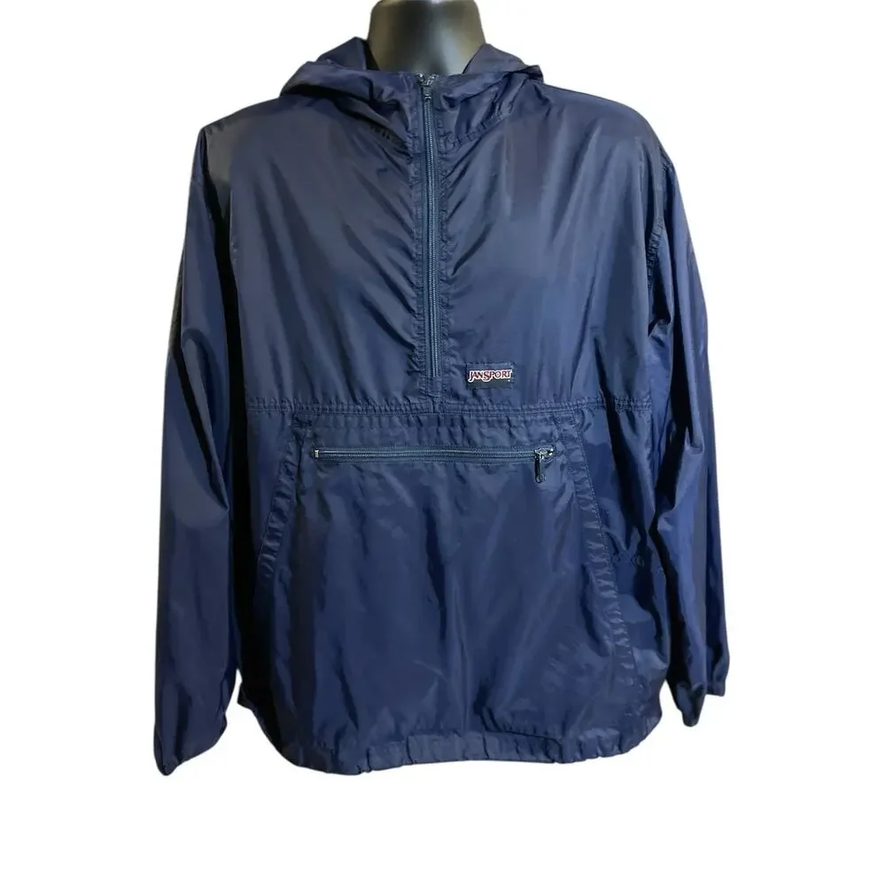 Vintage Jansport Windbreaker‎ 1/4 Zip Hooded Men's Size XL Blue 90s Lightweight